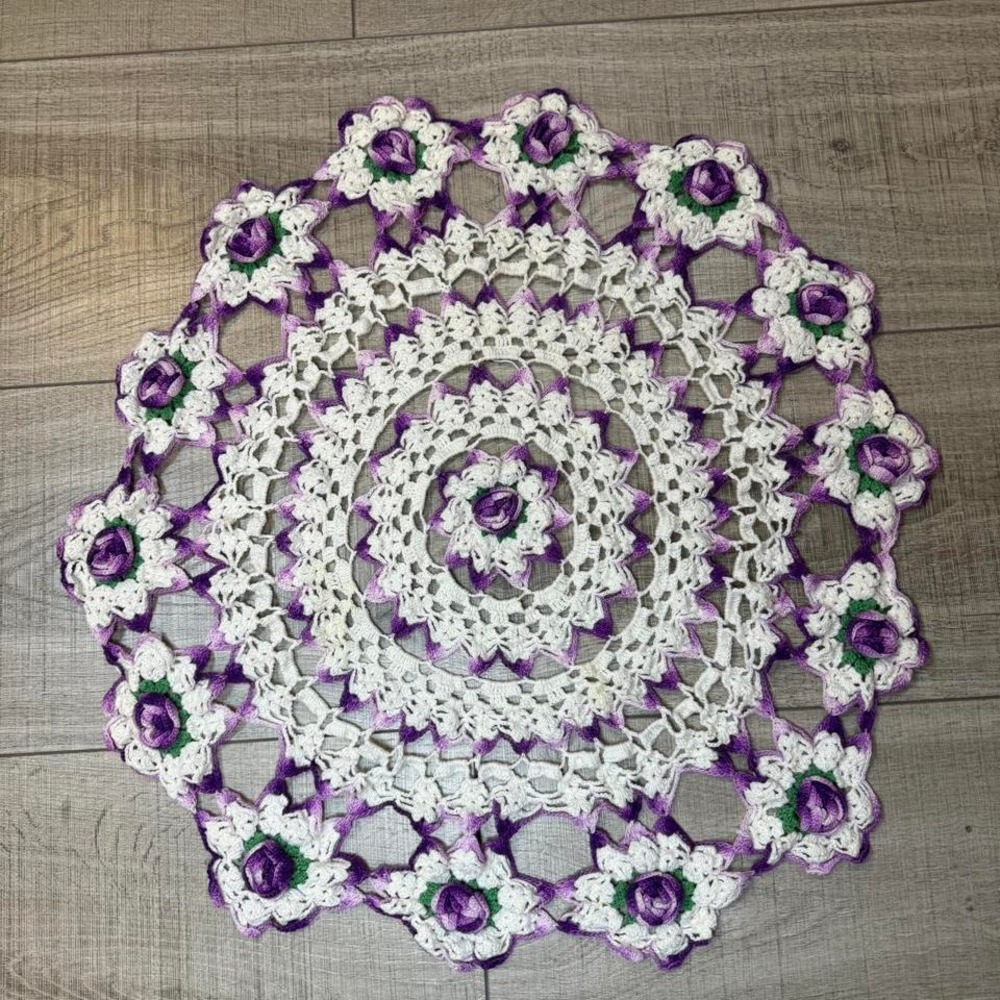 Vintage Crochet‎ Floral Doily – Purple & White – 22" Round Handmade Decor